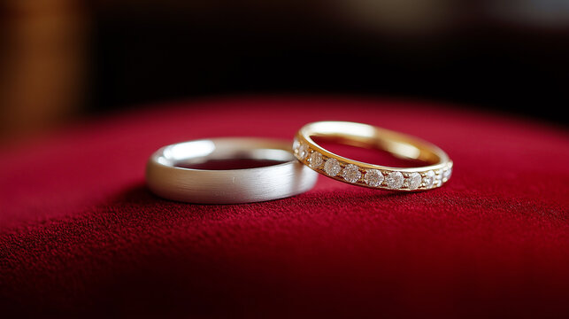 Elegant wedding rings with gold and silver bands on red velvet background symbolizing love, commitment, romance, and luxury for marriage and engagement