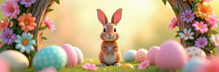 Obraz premium A charming, animated bunny surrounded by colorful Easter eggs and flowers, perfect for spring-themed celebrations and children's products.