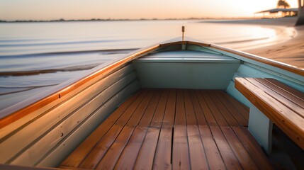 A serene view from a wooden boat on calm waters during sunset.
