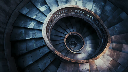 Fototapeta premium A mesmerizing spiral staircase creates an illusion of endless descent, showcasing intricate stonework and shadows that evoke sense of mystery and depth. Endless Staircases. Illustration