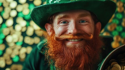 Smiling man with red beard and green hat celebrates St. Patrick's Day among gold coins and decorations