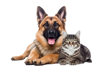 Fototapeta premium German shepherd dog and tabby cat together, lying side by side isolated on transparent background