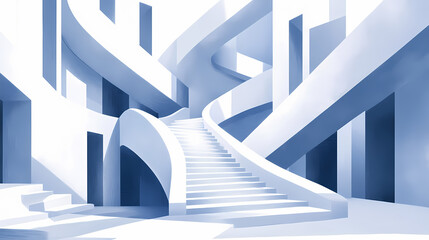 Fototapeta premium Abstract white architecture with endless staircases and geometric shapes. Endless Staircases. Illustration