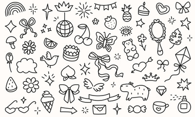 Hand drawn cute childrens doodles. Freehand drawings with design elements for birthday party. Set of outline vector illustrations.