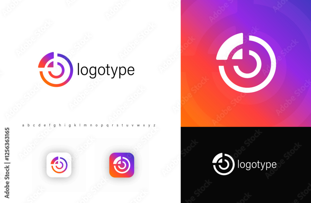 Poster circular logo with segments forming digital target, symbolizing precision, strategy, technology. ide