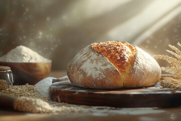 Hyper-realistic image of freshly baked artisan bread