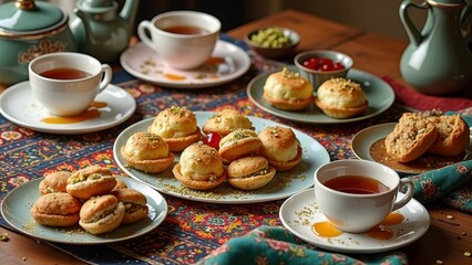 Fototapeta premium Traditional afternoon tea with pastries and herbal teapots on patterned tablecloth