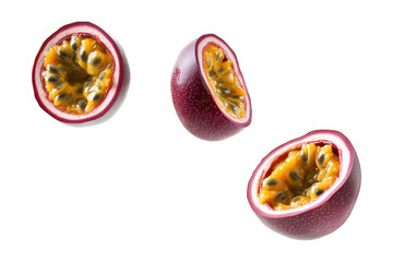 Sliced passion fruit floating in the air isolated on transparent background