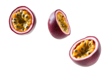Sliced passion fruit floating in the air isolated on transparent background