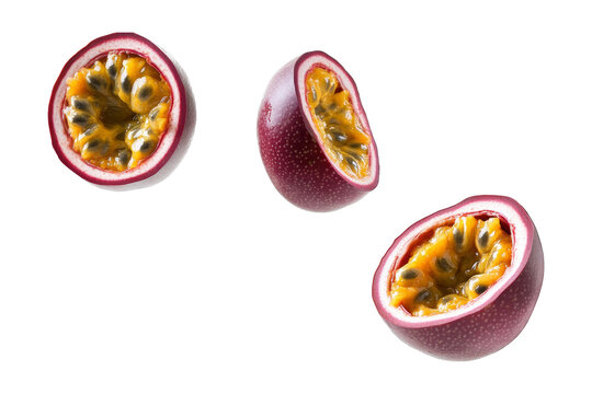 Sliced passion fruit floating in the air isolated on transparent background