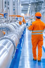 Professional worker inspects complex industrial plumbing system installation in modern facility setting