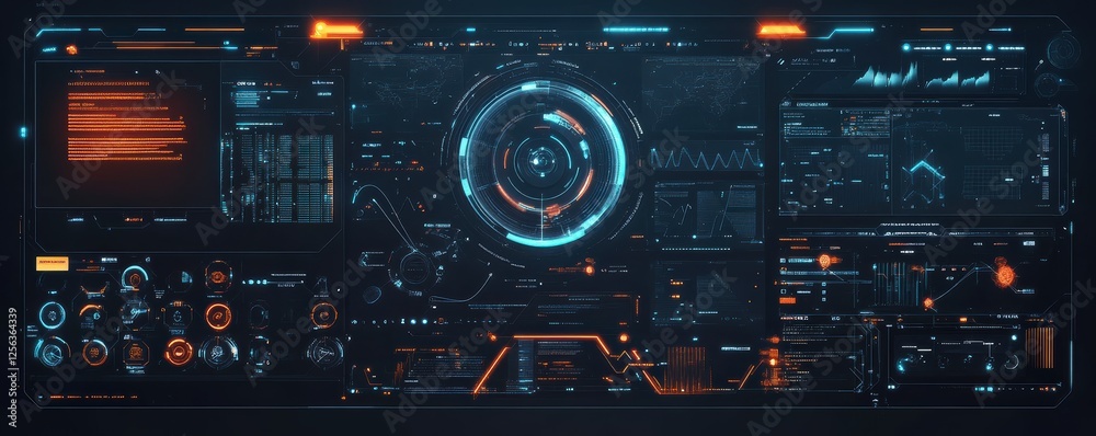 Poster futuristic digital interface display with circular elements and data visualizations