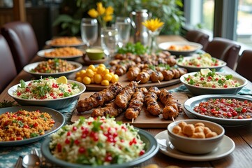 Obraz premium Vibrant mediterranean feast with grilled skewers and fresh salads on rustic table