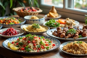 Fototapeta premium Mediterranean feast: vibrant couscous dishes and fresh salad spread on wooden table