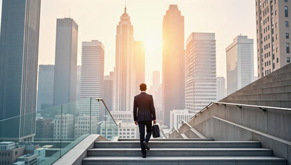 Businessman walking on ladder to success on beautiful landscape and sky background Leadership and success concept  © praachi
