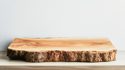 Fototapeta premium Flat lay of wooden slab on natural wood table with minimalist style for product showcase