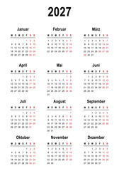 2027 calendar minimalist on german language with german holidays. Week start on monday. Vector illustration	