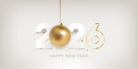 Happy New Year 2026. White and golden numbers with hanging Christmas ball on white background. Holiday greeting card design.