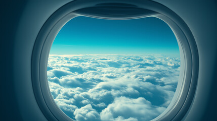 Stunning aerial view of earth from airplane window showing clouds and blue sky creating a scenic breathtaking travel and aviation experience during high-altitude flight
