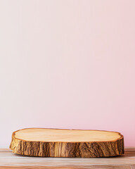 Minimal wooden slab on natural wood table with soft pink background for creative mockups