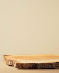 Natural wooden slab on a wooden table against a clean beige backdrop