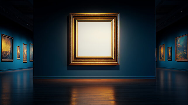 Naklejki Luxurious golden frame with blank white canvas in elegant dark gallery setting symbolizing creativity, fine art, and sophisticated interior exhibition concept