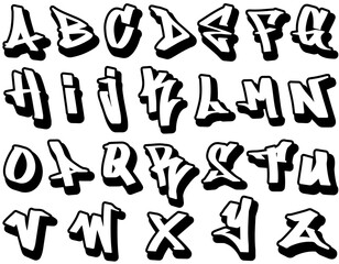 Graffiti letters set, vector hand drawn graffiti alphabet A to Z, white letters with black outline and black shadow