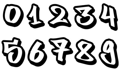 Graffiti numbers from 0 to 9, vector hand drawn white graffiti numbers set with black outline and black shadow