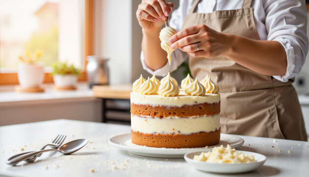 Female baker decorating cake in bright bakery, celebrating creativity