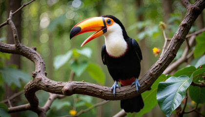 Obraz premium Graceful toucan perched on twisted branch in thick forest, vibrant nature