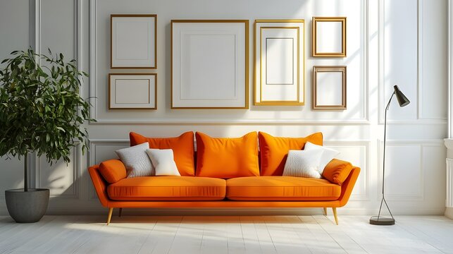 Living room with contrast of orrange two sitter sofa and white background and floor colot, empty fhoto frame for mockup