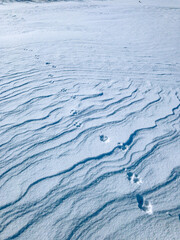 Snowy landscape with animal tracks and textured patterns, serene winter scene, outdoor nature