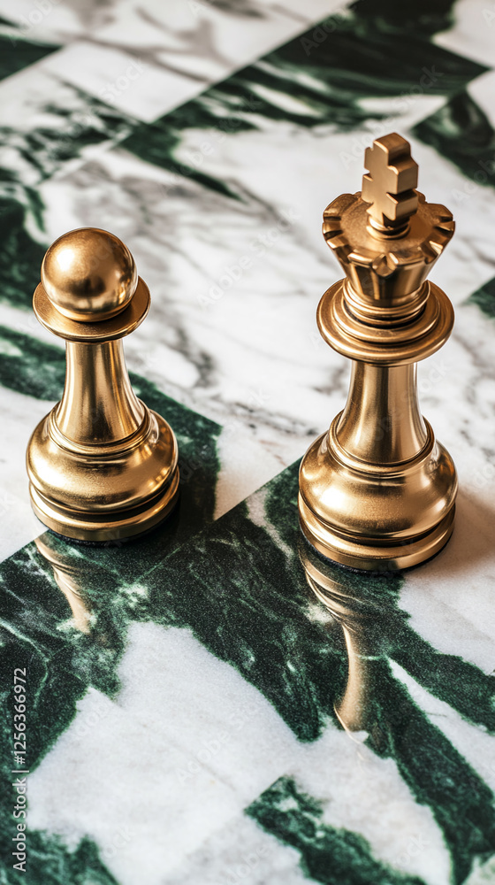 Poster close-up of a chess pawn and king on a marble chessboard, symbolizing strategic thinking and competi
