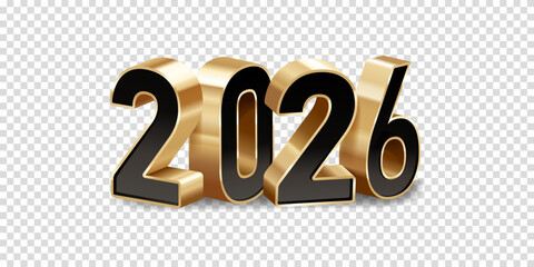 Happy new year 2026. 3D Shiny gold and black numbers, isolated on transparent background.