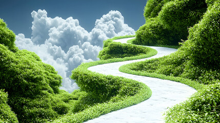 Fototapeta premium Winding path above clouds, green landscape, journey concept