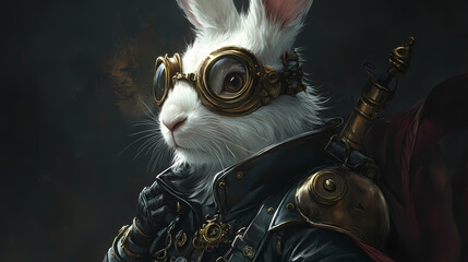 Majestic white lionhead rabbit adorned in steampunk leather armor and brass goggles illuminated by dramatic rim lighting against deep shadows ethereal atmosphere. Ethereal Armor. Illustration