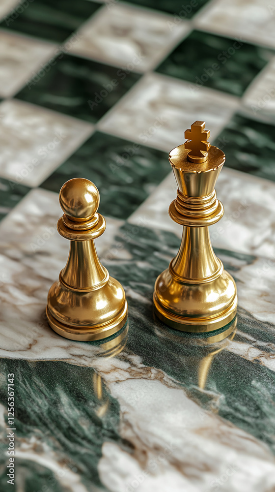 Poster close-up of a golden chess pawn and king on a marble chessboard, showcasing a strategic moment in a 