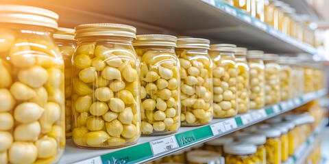 Canned vegetables on a shelf, prepared with pickling brine, sealed for long-term preservation of food ingredients and available at market.