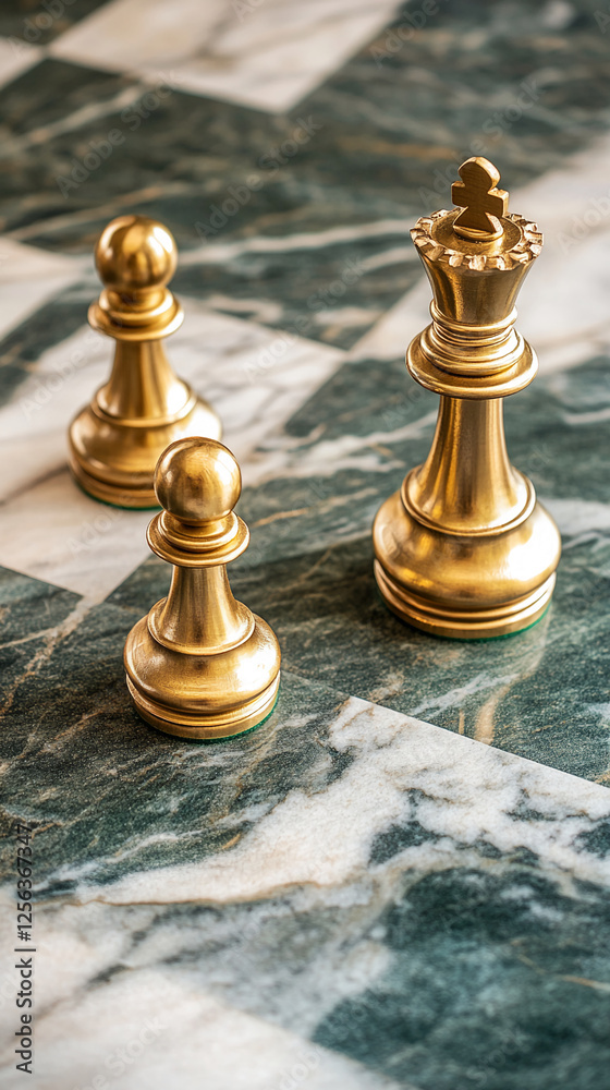 Poster close-up view of golden chess pieces on a marble chessboard, showcasing a pawn and king, symbolizing