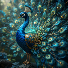 Majestic peacock with golden accents beautiful feathers detailed artwork on transparent background