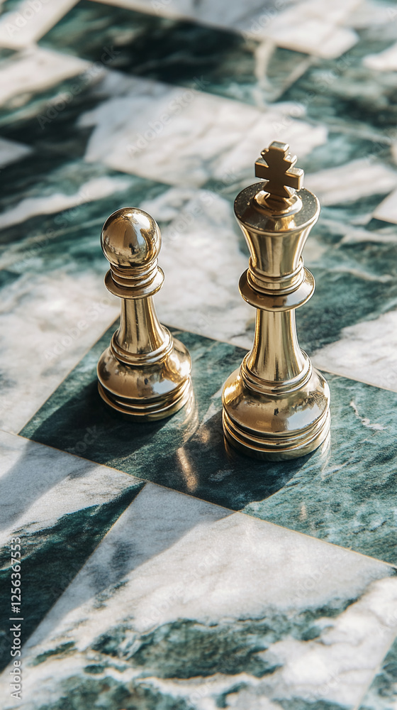 Poster close-up view of a golden pawn and king on a marble chessboard, symbolizing strategy, power, and the