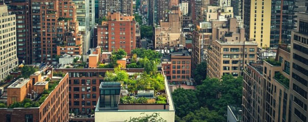 Fototapeta premium Urban cityscape with green rooftops and high-rise buildings