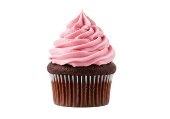 Rich Chocolate Cupcake with a Pink Frosting Swirl, Isolated on a Transparent Background