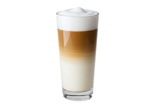 Layered Latte Macchiato in a Tall Clear Glass with Creamy Foam, Isolated on a Transparent Background