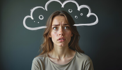 Concerned young woman with thought cloud on dark background, mental health concept