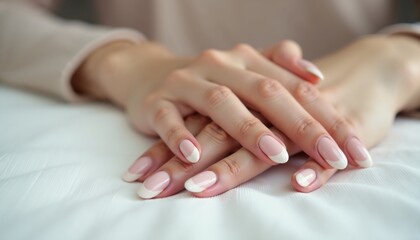 Fototapeta premium Elegant female hands with pink manicured nails, close-up on white fabric, beauty concept