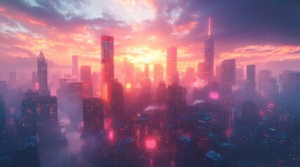Fototapeta premium Vibrant Sunset Cityscape - Futuristic Metropolis