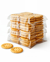 Crunchy golden cookies stacked neatly in clear packaging for easy visibility and freshness