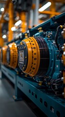 Fototapeta premium Focusing on vibrant industrial machinery parts, this image captures the colors and details that represent modern engineering and the beauty of manufacturing.