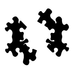 Abstract black and white image with four puzzle pieces with black, white, and grey colors, against a white background.